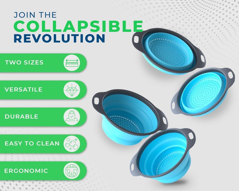 Comfify Ultimate Kitchen Strainers Set of 2 - Collapsible Silicone Colanders for Easy Storage by - Use with Pasta & Veggies or as a Fruit or Berry Bowl with Strainer - Irreplaceable for Campers - Blue - Image 2