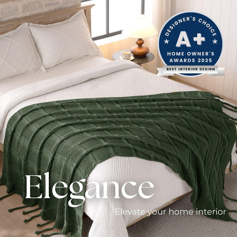 DOWN HOME Boho Knitted Chenille Blanket with Tassels - Lightweight & Soft All-Season Throw - 3D Classic Pattern for Living Room Bedroom Couch, Imperial Green, Throw 50"x60" - Image 2