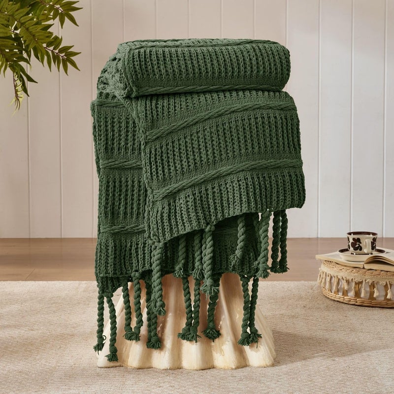 DOWN HOME Boho Knitted Chenille Blanket with Tassels - Lightweight & Soft All-Season Throw - 3D Classic Pattern for Living Room Bedroom Couch, Imperial Green, Throw 50"x60" - Image 1