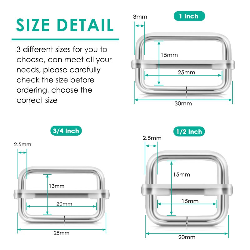 ERKOON 30 Pieces Slide BuckleMetal Triglide Slides Rectangle Adjustable Webbing Slider for Purse Making Bag Making Making DIY Accessories Silver (1 inch) - Image 2
