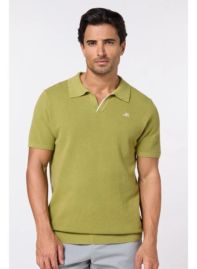 Mannerism The Ripe Kiwi Green Cotton V-Neck Polo Comfort Fit