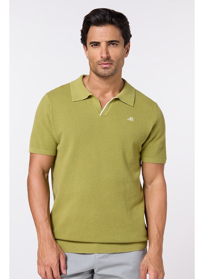 Mannerism The Ripe Kiwi Green Cotton V-Neck Polo Comfort Fit - Image 2