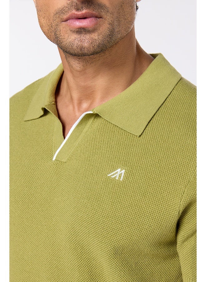 Mannerism The Ripe Kiwi Green Cotton V-Neck Polo Comfort Fit - Image 4