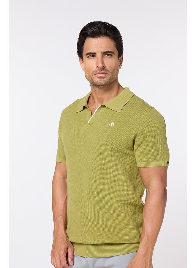 Mannerism The Ripe Kiwi Green Cotton V-Neck Polo Comfort Fit - Image 1