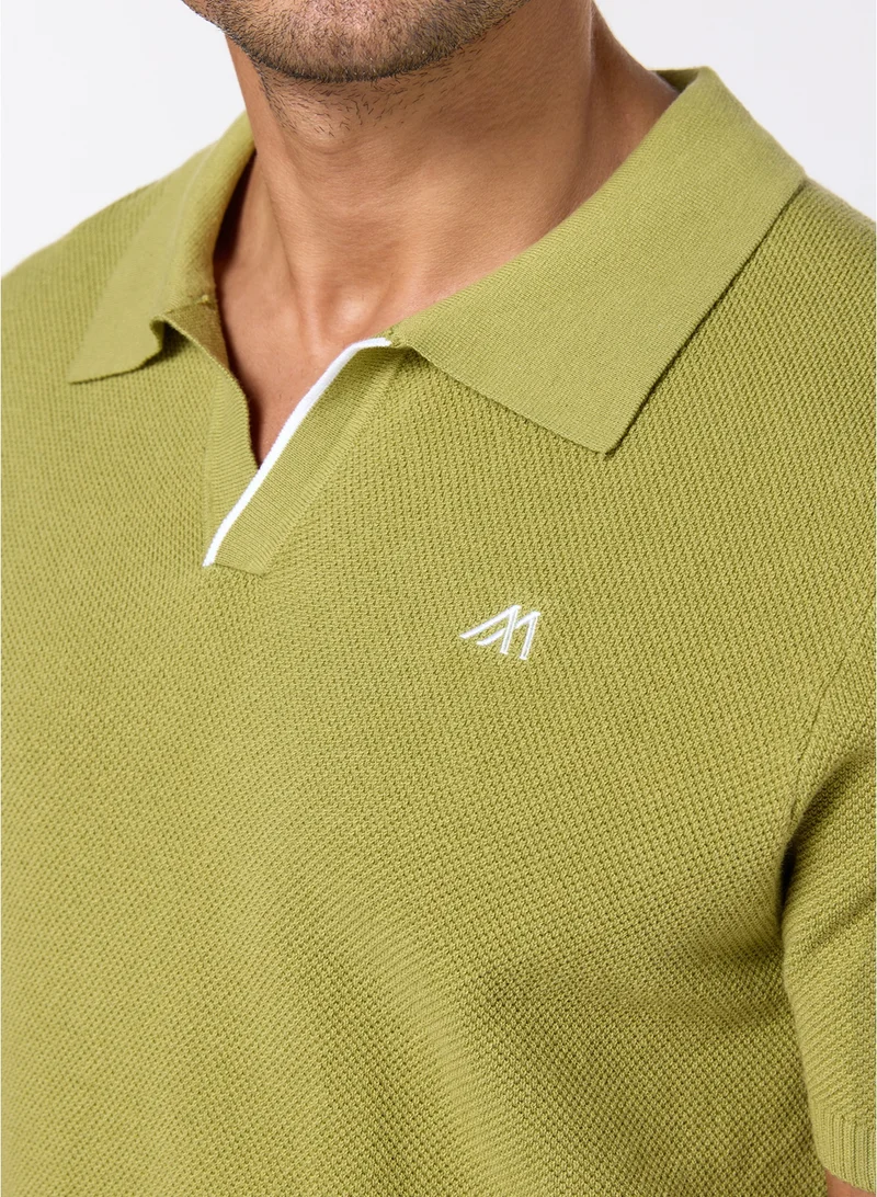 مانرزم The Ripe Kiwi Green Cotton V-Neck Polo Comfort Fit