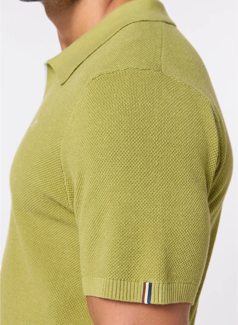 MANNERISM  The Ripe Kiwi Green Cotton V-Neck Polo Comfort Fit for Men | Best Price UAE