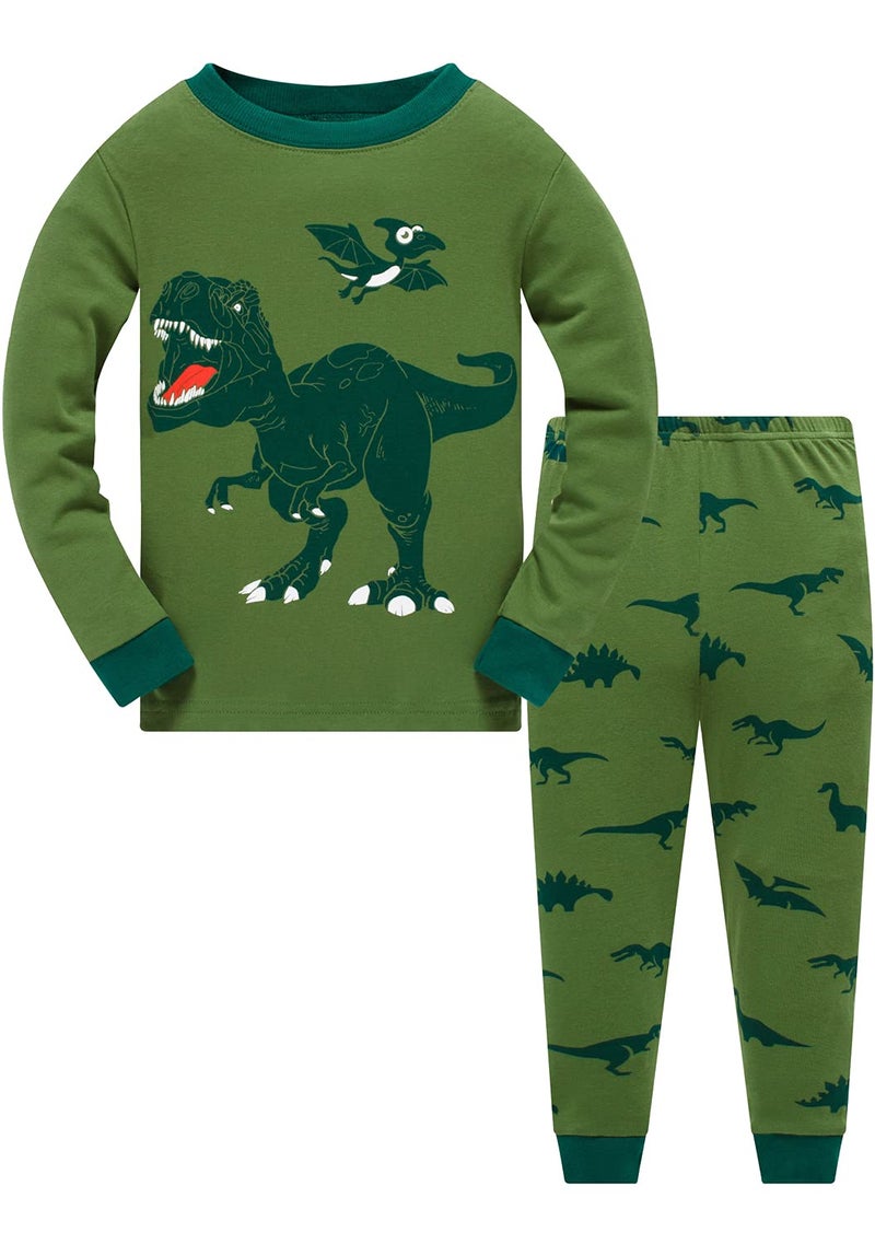 Popshion Little Boys Space Pajamas Sets for Toddler 100% Cotton Dinosaur Train Rocket Glow in Dark Sleepwear Long Sleeve 2 Piece kids Clothes Pjs 3-7T green dinosaur-6259-3T - Image 1