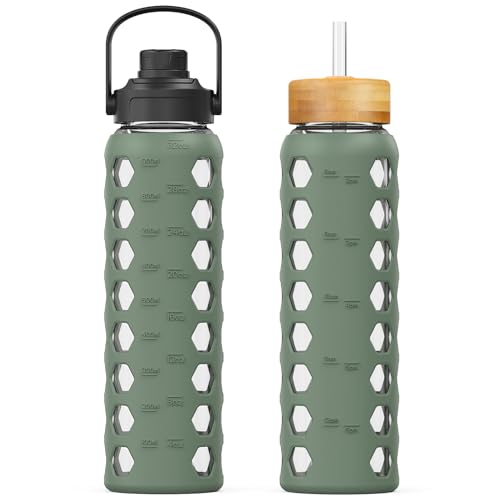 MUKOKO MUKOKO 32oz Glass Water Bottles with 2 LidsHandle Spout LidBamboo Straw Lid Motivational Water Tumbler with Time Marker Reminder and Silicone Sleeve LeakproofOlive1 Pack 