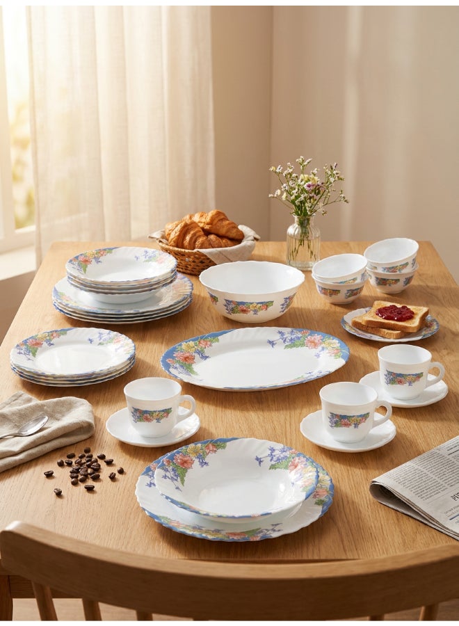 Luminarc Arcopal Florine 38 Piece Dinner Set includes 6 x 25cm Dinner Plates, 6 x 21cm Soup Plates, 6 x 19 cm Dessert Plates, 6 x 12 cm Soup Bowls, 1x 21cm Salad Bowl + 1 x 25 cm Oval Platter,  6  x 22cl Teacups, 6 x 14cm Saucers, Tempered High Qualtiy Glass, Chip resistant, Microwave Safe - Image 3