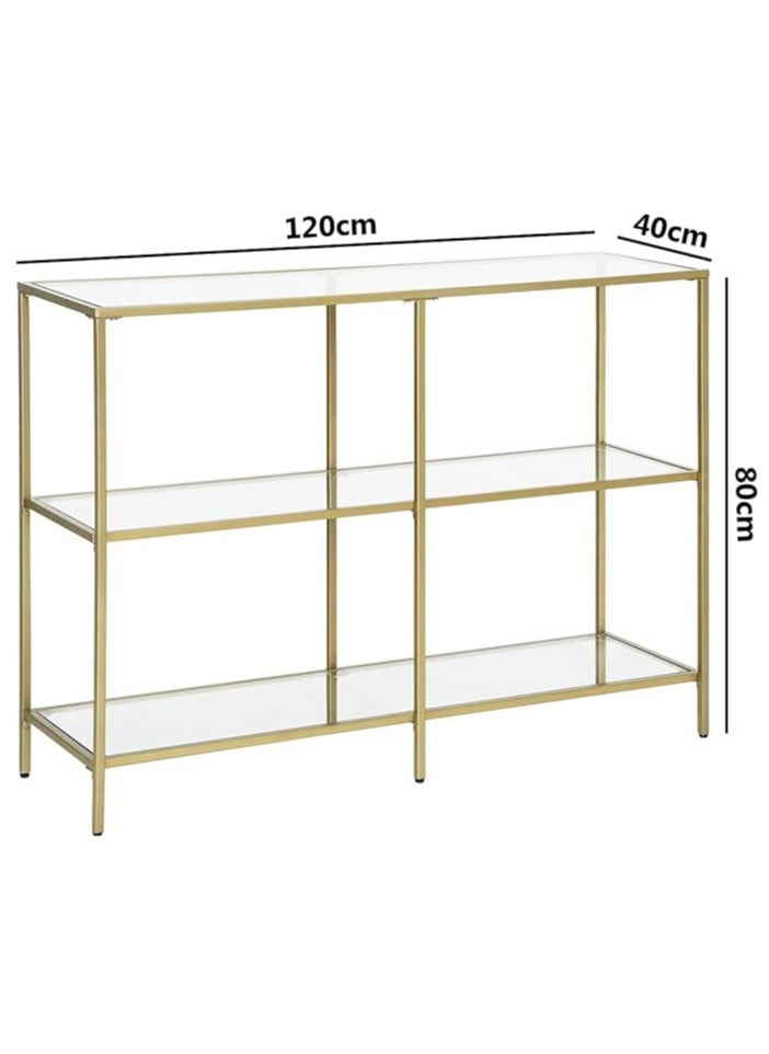 HOME TASTE TOMSUN Elegant Gold Metal and Glass Console Table - 120cm Wide, Modern 3-Tier Display and Storage Shelf for Home or Office Decor  - Image 2