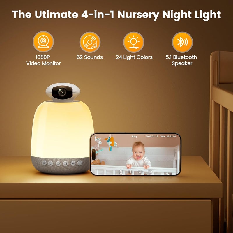 Glocusent Smart WiFi Baby Monitor 1080p Secure Wide Angel Video Camera  Baby Sound Machine with 62 Music Tracks 51 Bluetooth Speaker  24 Colors Baby Night Light for Nursery Toddler Kids Bedroom - Image 2