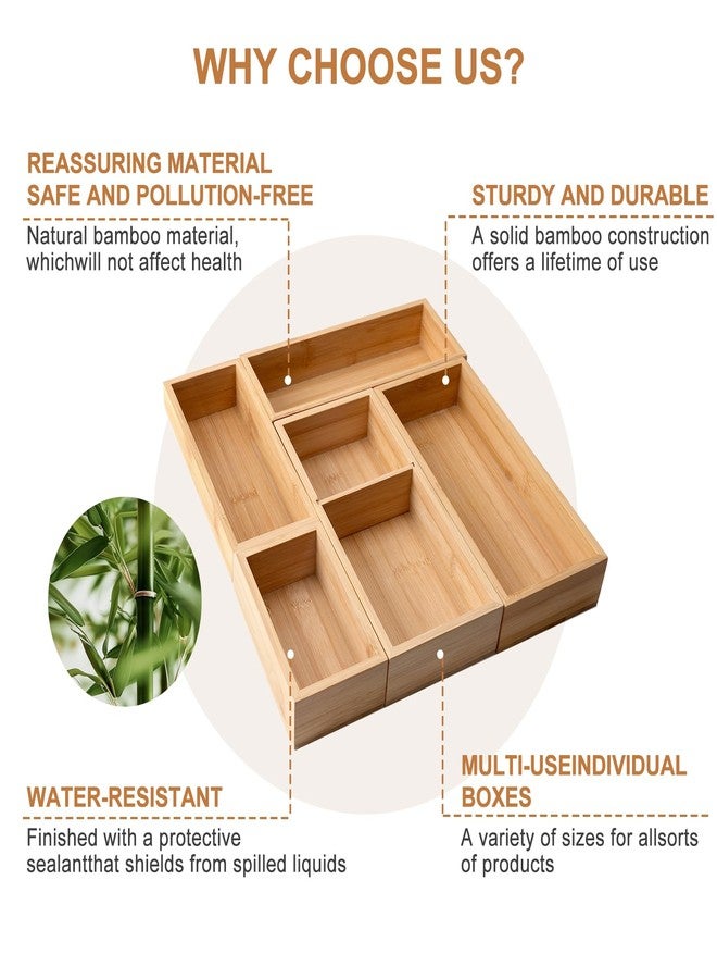 Buwheekoki Bamboo Drawer Organizer Set of 5 for Kitchen Multi-purpose Storage Dividers for Kitchen, Office, Jewelry, Cosmetics, Tableware - Premium Quality Wooden Drawer Dividers for Drawer Organizer Gift Ideas - Image 5