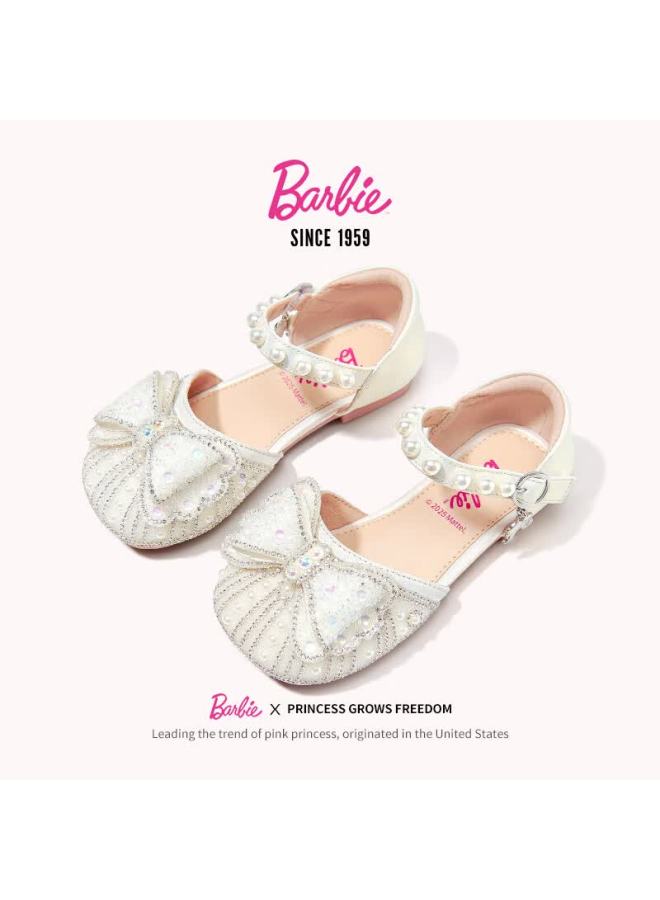 Barbie Girls' Crystal Shoes Little Girls' Sandals Summer Soft Sole Bowknot Cutout Leather Shoes Da6828 Off-white Size 27 - Image 3