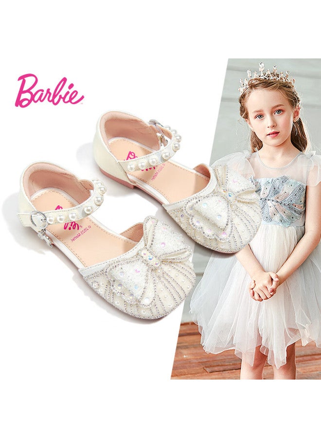 Barbie Girls' Crystal Shoes Little Girls' Sandals Summer Soft Sole Bowknot Cutout Leather Shoes Da6828 Off-white Size 27 - Image 1