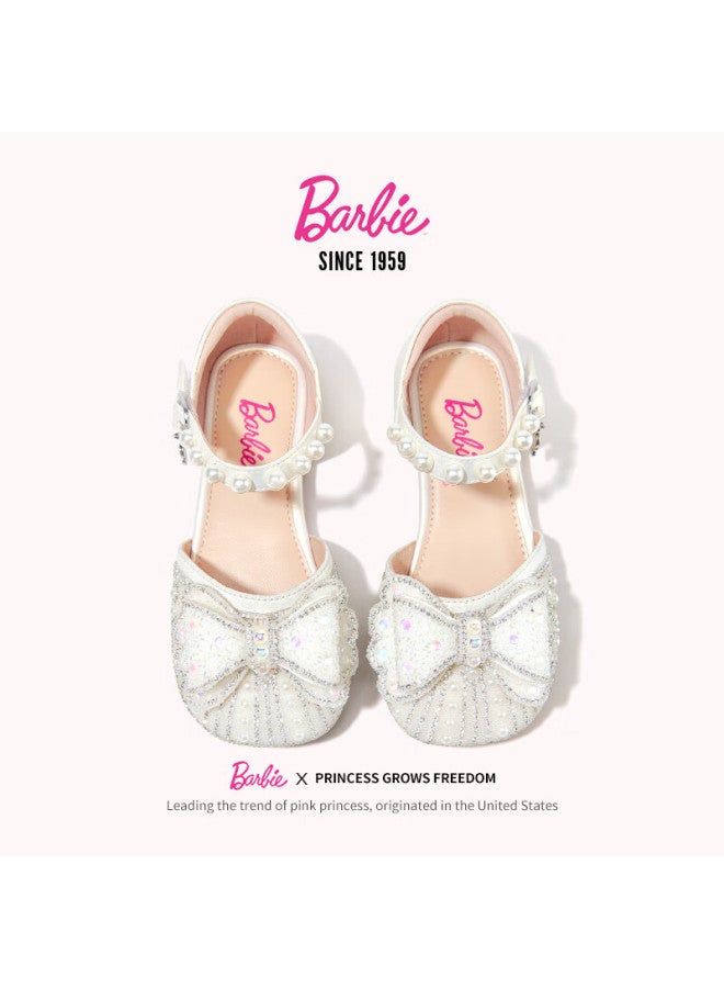 Barbie Girls' Crystal Shoes Little Girls' Sandals Summer Soft Sole Bowknot Cutout Leather Shoes Da6828 Off-white Size 27 - Image 2