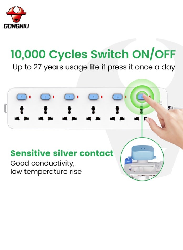 غونغنيو سلك تمديد كهربائي متعدد المنافذ بطول 5 أمتار و6 منافذ، شريط طاقة عالمي بمفاتيح فردية، فتحات تعليق، سلك تمديد للمنزل والمكتب - Image 5
