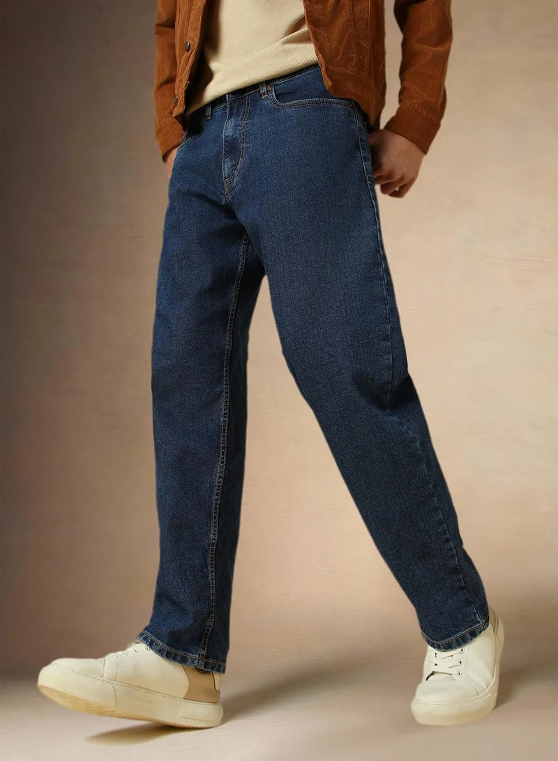 Dennis Lingo Men's Mid Blue Cotton Blend Washed Full Length Relaxed Jeans