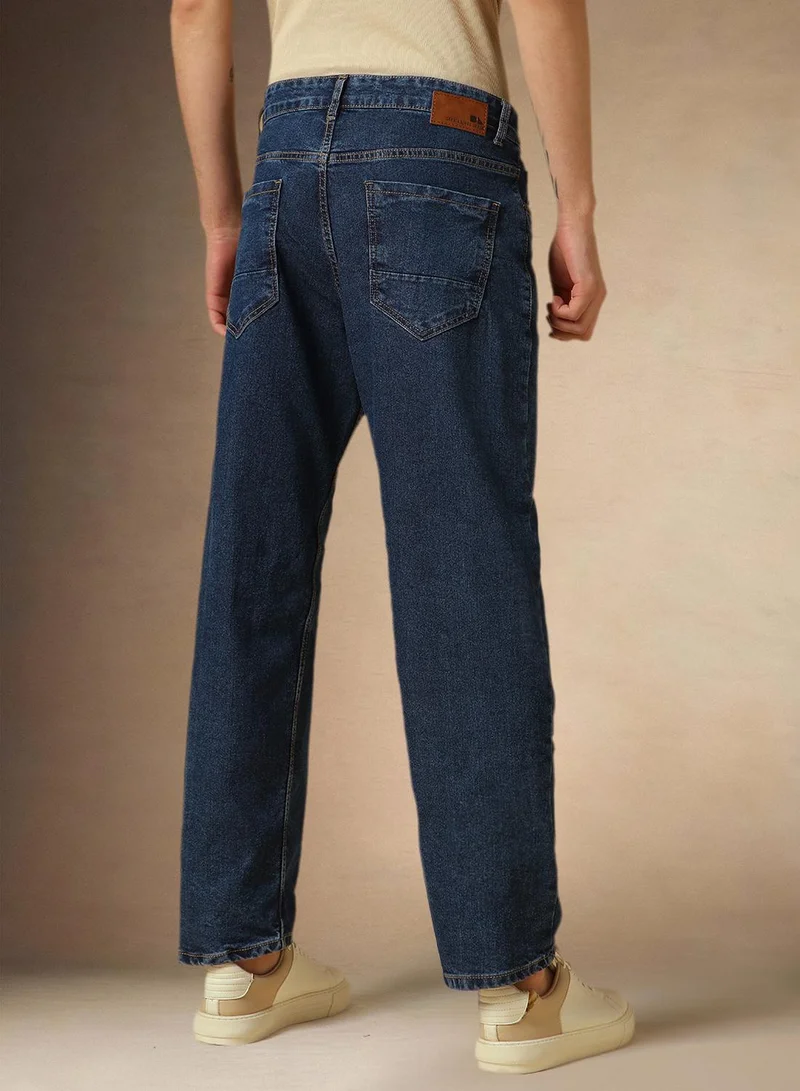 Dennis Lingo Men's Mid Blue Cotton Blend Washed Full Length Relaxed Jeans