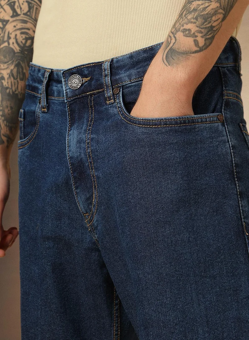 Dennis Lingo Men's Mid Blue Cotton Blend Washed Full Length Relaxed Jeans