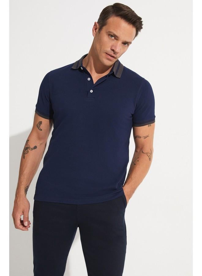JUNE Exclusive Men Slim Fit 100% Cotton Polo Neck Tshirt Navy - Image 3