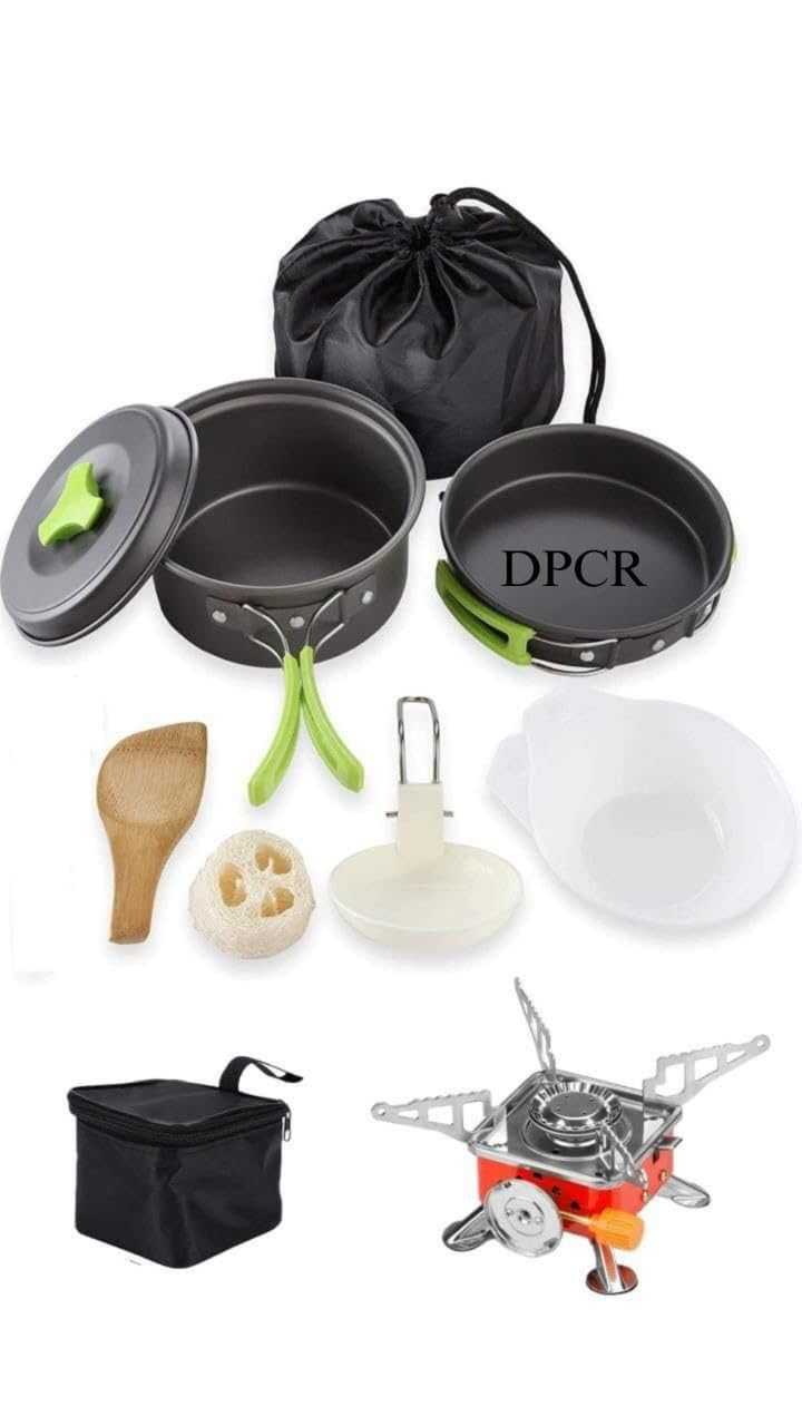 DPCR 11-Piece Camping Cookware Mess Kit with Gas Stove, Lightweight Nonstick Pot & Pan Set with Spork, Bowls, Sponge & Travel Bag – Compact Outdoor Cooking Gear for Backpacking, Hiking, Scouts - Image 1