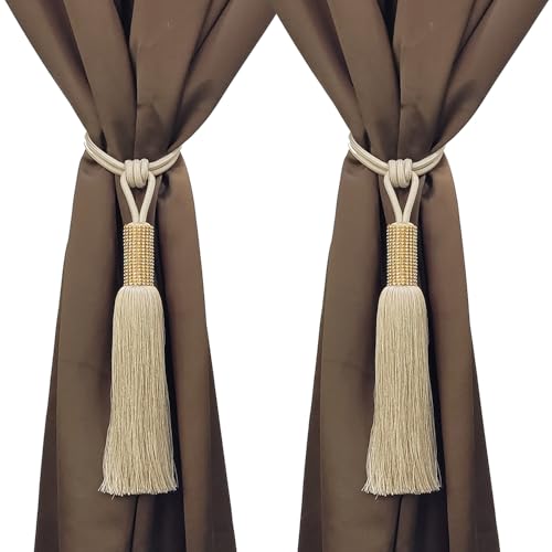 MALOINTEX 2 Pack Curtain Glitter Tassels Tiebacks Tie-Backs, Curtain Handmade Holdbacks, Festive Tassel Tiebacks Polyester Shimmer Curtain Tieback - Beige - Image 1