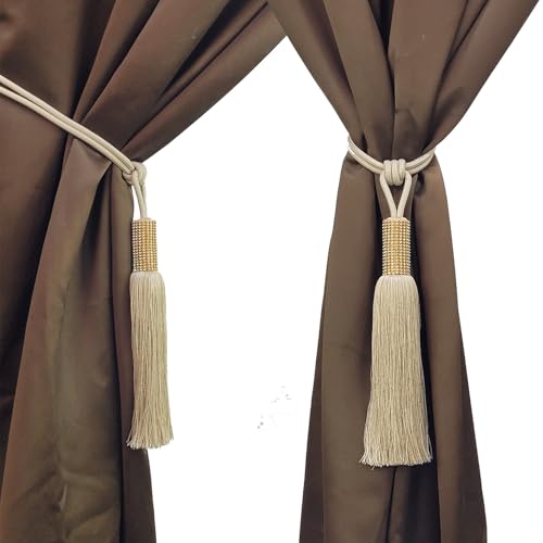MALOINTEX 2 Pack Curtain Glitter Tassels Tiebacks Tie-Backs, Curtain Handmade Holdbacks, Festive Tassel Tiebacks Polyester Shimmer Curtain Tieback - Beige - Image 2