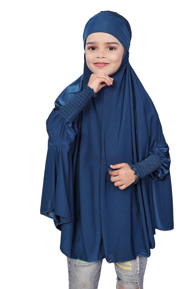 ICW Girls' Prayer Polyknit Jersey Islamic Long-Sleeves with Smocking Jilbab Khimar MakhanaHijab For Kids (Peacock, 8-15 Years (40 inch Length)) - Image 1