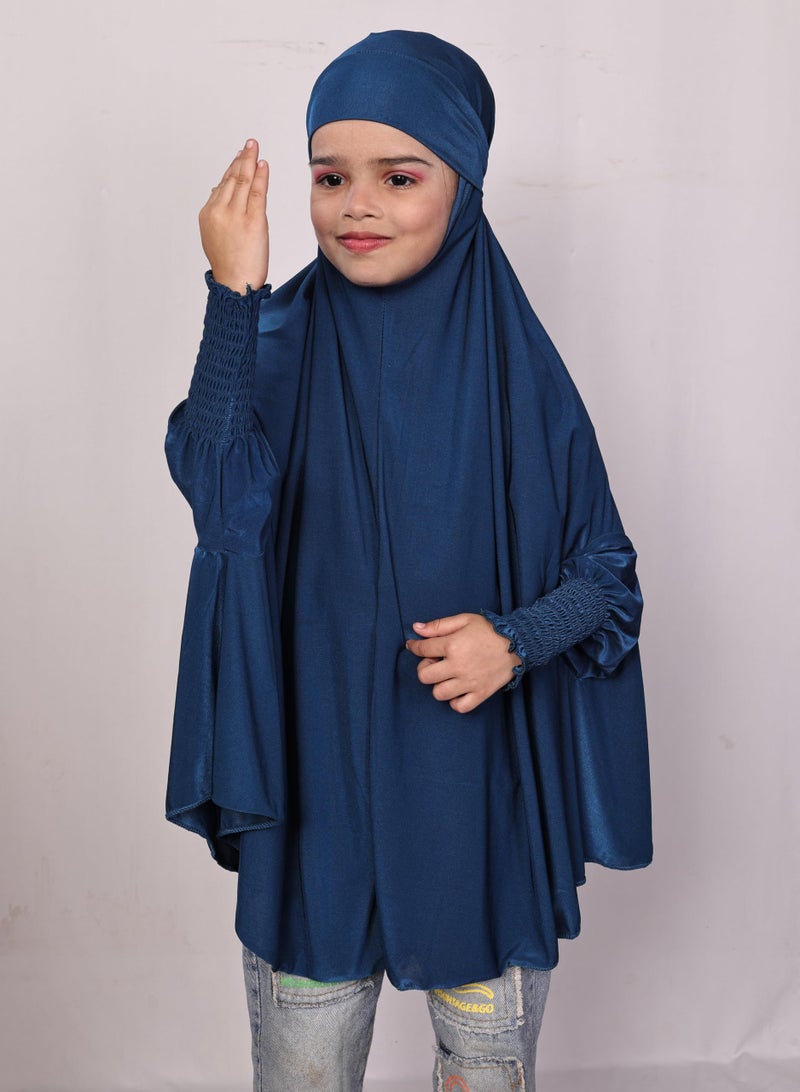 ICW Girls' Prayer Polyknit Jersey Islamic Long-Sleeves with Smocking Jilbab Khimar MakhanaHijab For Kids (Peacock, 8-15 Years (40 inch Length)) - Image 2