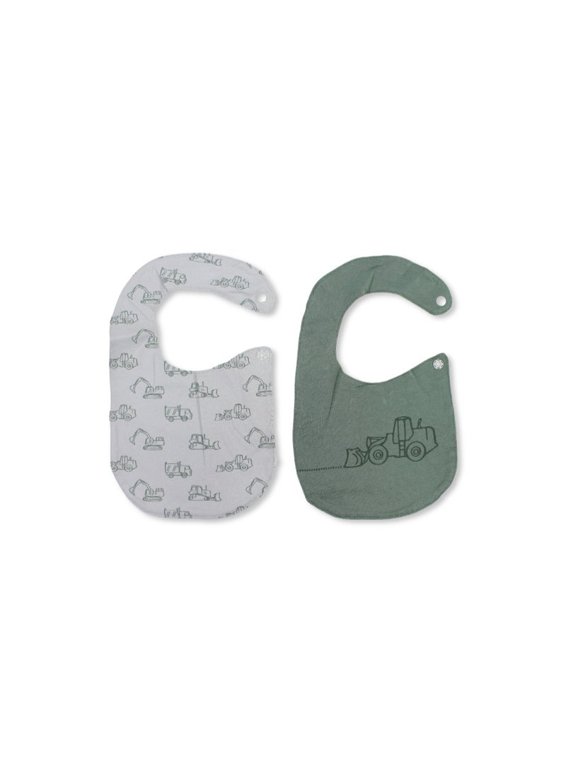 Junior Cotton Bib Olive & Grey with Tractor Print – Pack Of 2 - Image 1