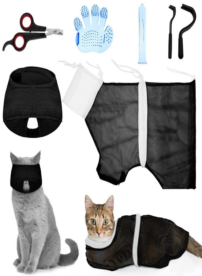 Patelai 5 Pcs Cat Bathing Bag Set Cat Grooming Bag Adjustable Pet Shower Net Muzzles Nail Clipper Tick Remover Tool Massage Brush(Black White) - Image 1