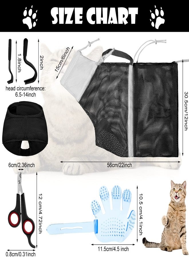 Patelai 5 Pcs Cat Bathing Bag Set Cat Grooming Bag Adjustable Pet Shower Net Muzzles Nail Clipper Tick Remover Tool Massage Brush(Black White) - Image 2
