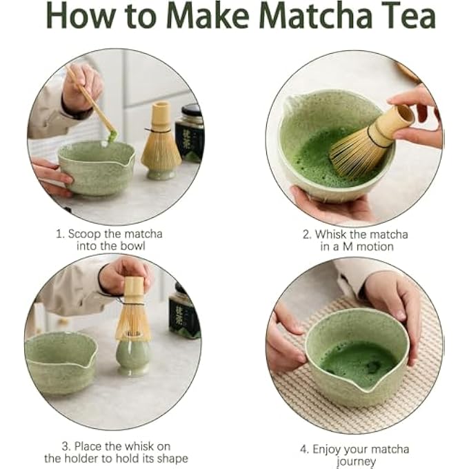 Nekit Japanese Matcha Set  4Pcs With Bowl Bamboo Whisk Scoop Holder  17 Oz Mottled Green Glaze Ceramic Kit For Tea Lovers - Image 4