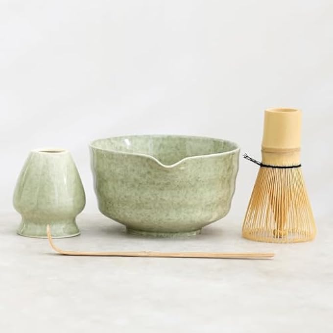 Nekit Japanese Matcha Set  4Pcs With Bowl Bamboo Whisk Scoop Holder  17 Oz Mottled Green Glaze Ceramic Kit For Tea Lovers - Image 1