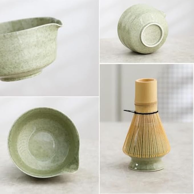 Nekit Japanese Matcha Set  4Pcs With Bowl Bamboo Whisk Scoop Holder  17 Oz Mottled Green Glaze Ceramic Kit For Tea Lovers - Image 5
