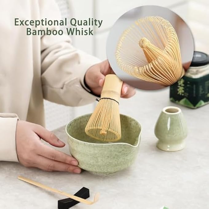 Nekit Japanese Matcha Set  4Pcs With Bowl Bamboo Whisk Scoop Holder  17 Oz Mottled Green Glaze Ceramic Kit For Tea Lovers - Image 2