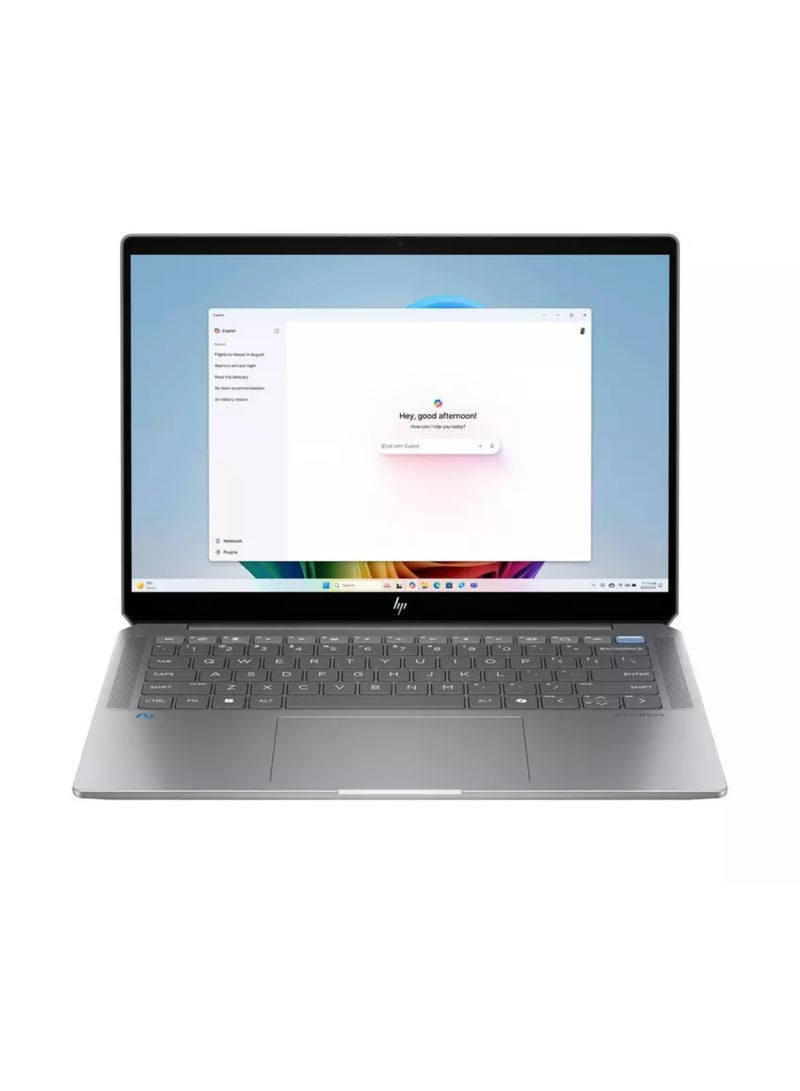HP لابتوب أومني بوك ألترا بشاشة 14 بوصة بدقة 2K (2240x1400)، معالج AMD Ryzen AI 9-365، ذاكرة وصول عشوائي 16 جيجابايت DDR5، قرص صلب SSD بسعة 1 تيرابايت، بطاقة رسومات مدمجة، نظام تشغيل ويندوز 11، يدعم اللغتين الإنجليزية والعربية، لون فضي الإنجليزية/العربية - Image 1