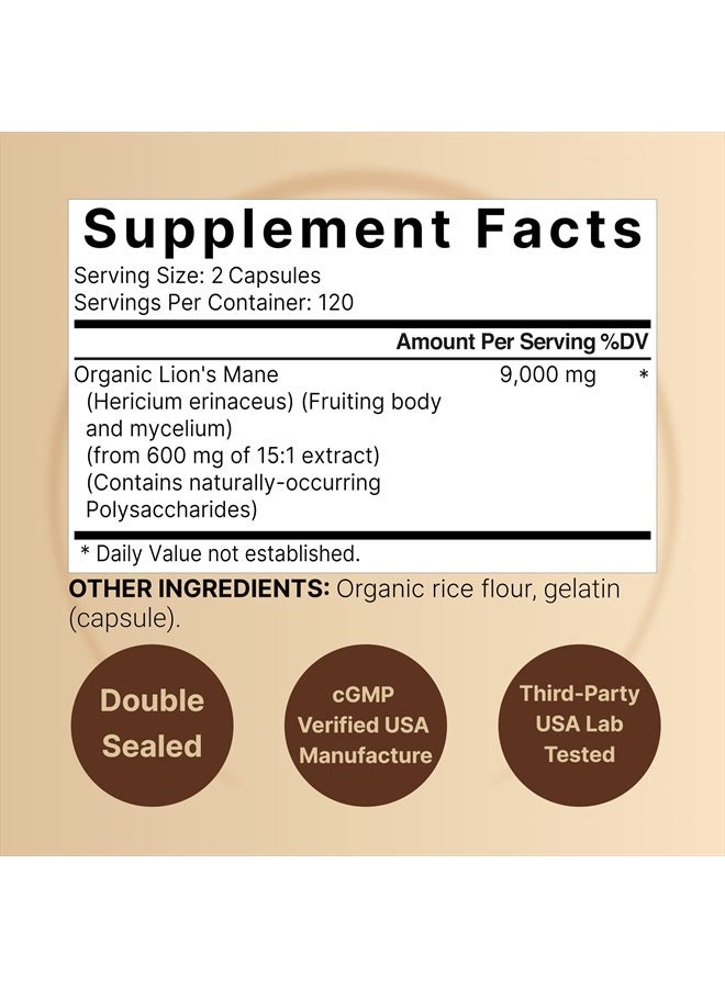 NatureBell Lions Mane Mushroom Supplement Capsules 9,000mg, 240 Capsules | 120 Days Supply – Made with Organic Lion's Mane Powder Extract – Cognitive Brain Nootropic & Immune Health Support – Non-GMO - Image 2