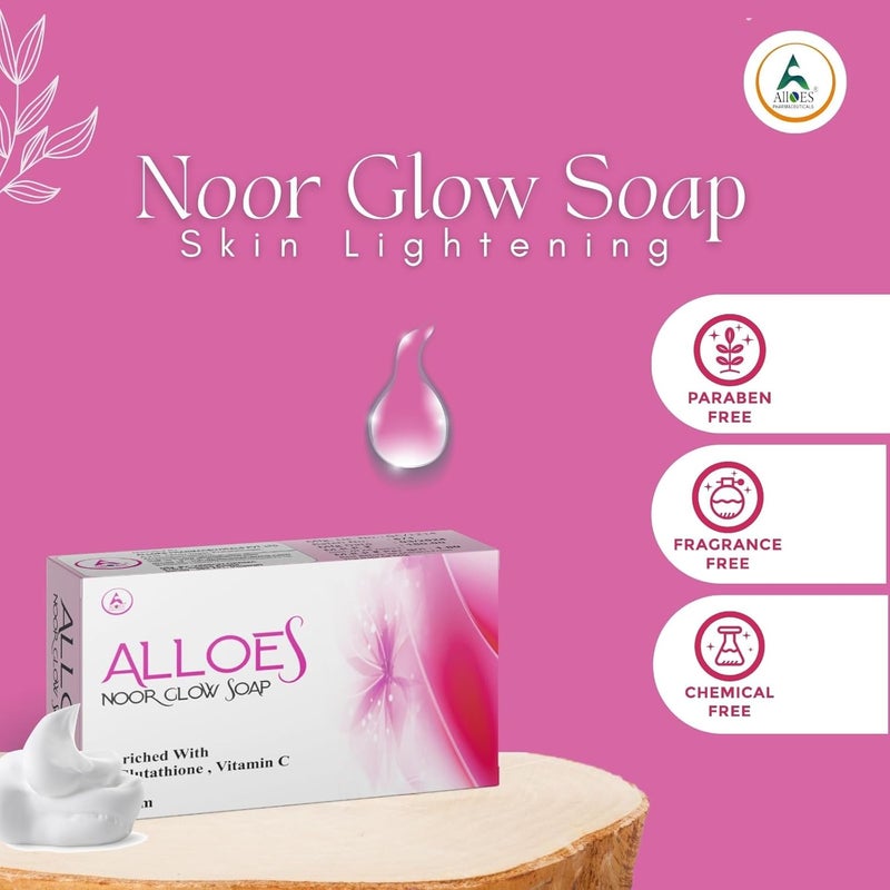 ALLOES PHARMACEUTICALS ALLOES Skin lightening Noor Glow Soap  Kojic Acid Soap with LGlutathione  For Pigmentation Sun damage Brightening Underarm  Reduces Dark Spot  Soap for Men  Women  Suitable for All Skin Types Pack of 1  - Image 5