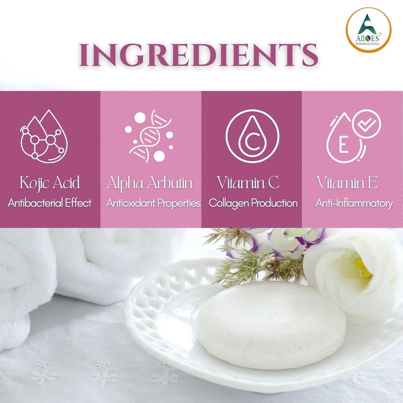 ALLOES PHARMACEUTICALS ALLOES Skin lightening Noor Glow Soap  Kojic Acid Soap with LGlutathione  For Pigmentation Sun damage Brightening Underarm  Reduces Dark Spot  Soap for Men  Women  Suitable for All Skin Types Pack of 1  - Image 4
