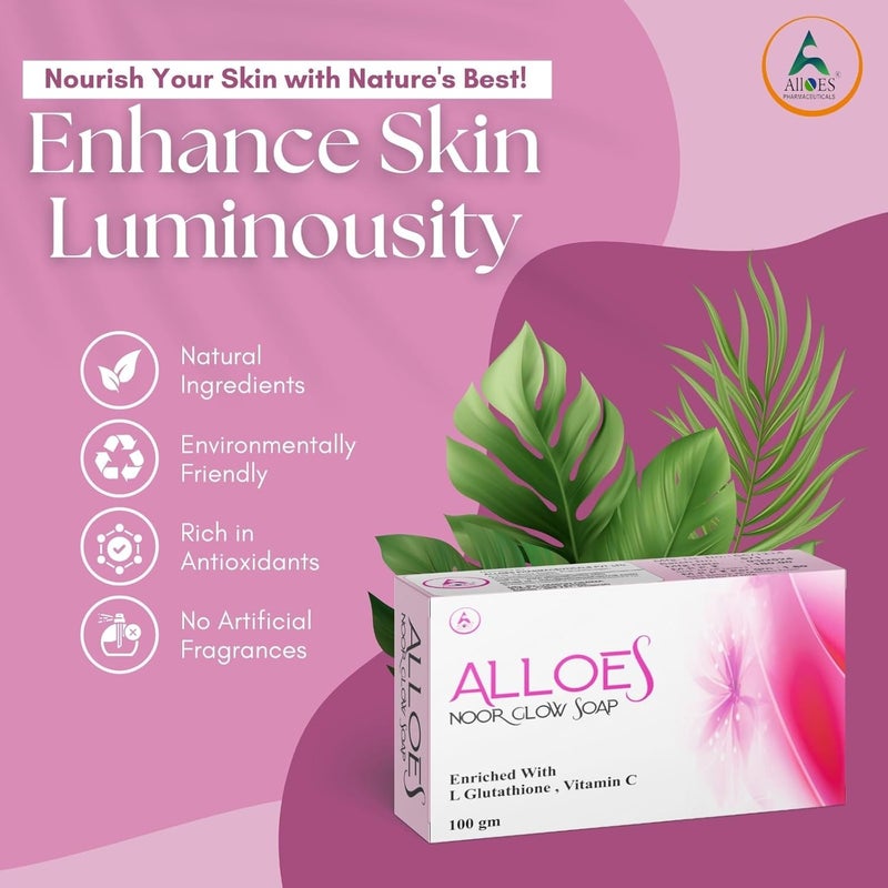 ALLOES PHARMACEUTICALS ALLOES Skin lightening Noor Glow Soap  Kojic Acid Soap with LGlutathione  For Pigmentation Sun damage Brightening Underarm  Reduces Dark Spot  Soap for Men  Women  Suitable for All Skin Types Pack of 1  - Image 3