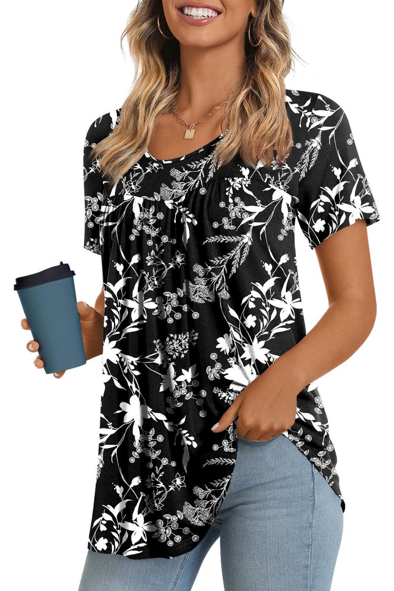 LONGYUAN Women's Plus Size Tunic Tops Summer Short Sleeve Shirts with Leggings Flowy Blouse Black Fl X-Large - Image 1