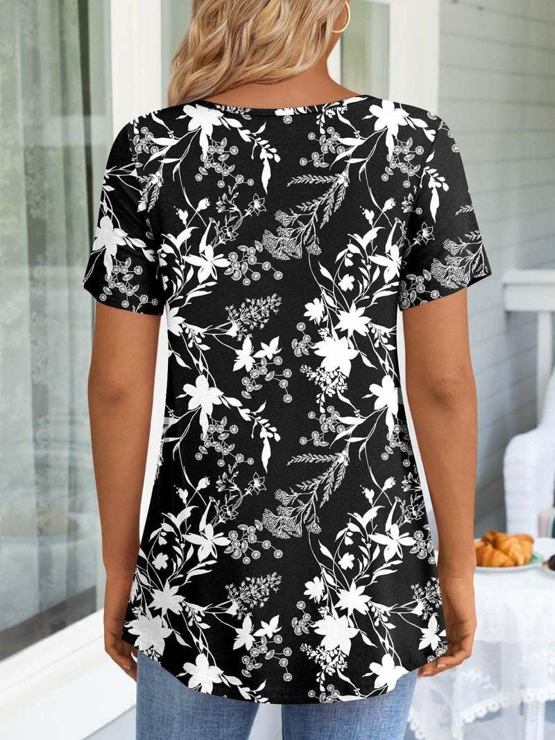 LONGYUAN Women's Plus Size Tunic Tops Summer Short Sleeve Shirts with Leggings Flowy Blouse Black Fl X-Large - Image 3