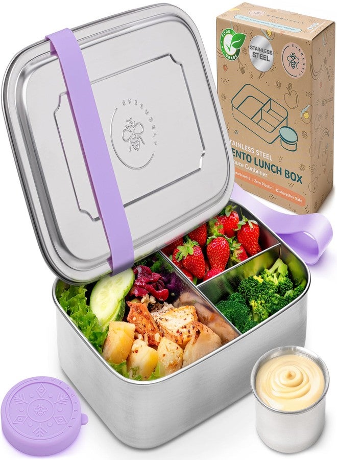 Everusely - Bento Box - Lavender, 60oz / 1.8 L - Stainless Steel Lunch Box with Leakproof Condiment Container - 3 Compartment Snack Organizer for On the Go Meals - Freezer & Dishwasher Safe - Image 1