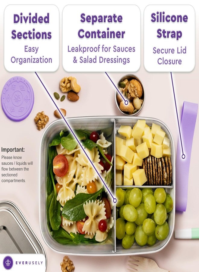 Everusely - Bento Box - Lavender, 60oz / 1.8 L - Stainless Steel Lunch Box with Leakproof Condiment Container - 3 Compartment Snack Organizer for On the Go Meals - Freezer & Dishwasher Safe - Image 4