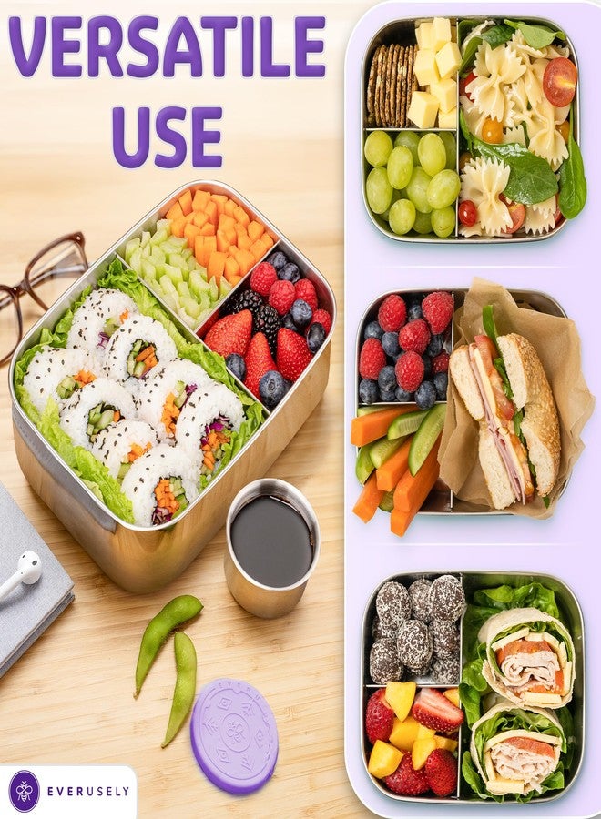 Everusely - Bento Box - Lavender, 60oz / 1.8 L - Stainless Steel Lunch Box with Leakproof Condiment Container - 3 Compartment Snack Organizer for On the Go Meals - Freezer & Dishwasher Safe - Image 5