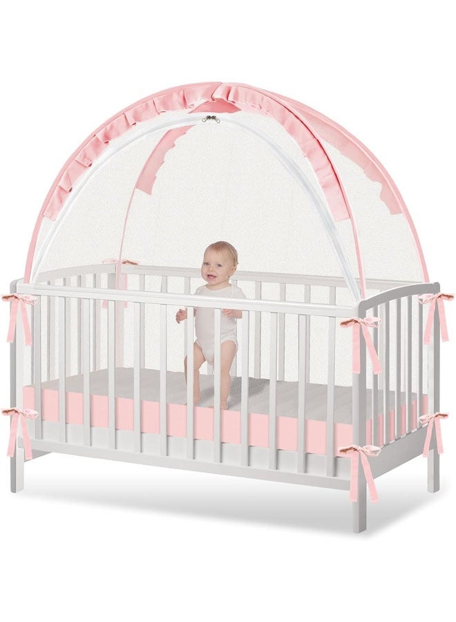 L&E Pop Up Tent Cover Crib - Crib Net to Keep Baby in, Stop Baby from Climbing Out of Crib, Tent with Durable Breathable Net Double Zipper Strong Rods Installation Convenience - Image 1