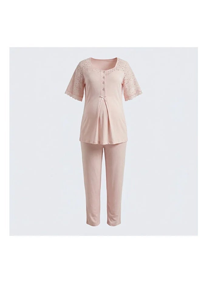 Lady Lingerie 2-Piece Maternity & Nursing Pajama Set | Short Sleeve Button-Front Top & Adjustable Waist Pants | Soft Cotton Viscose Blend | Made in Turkey - Image 5