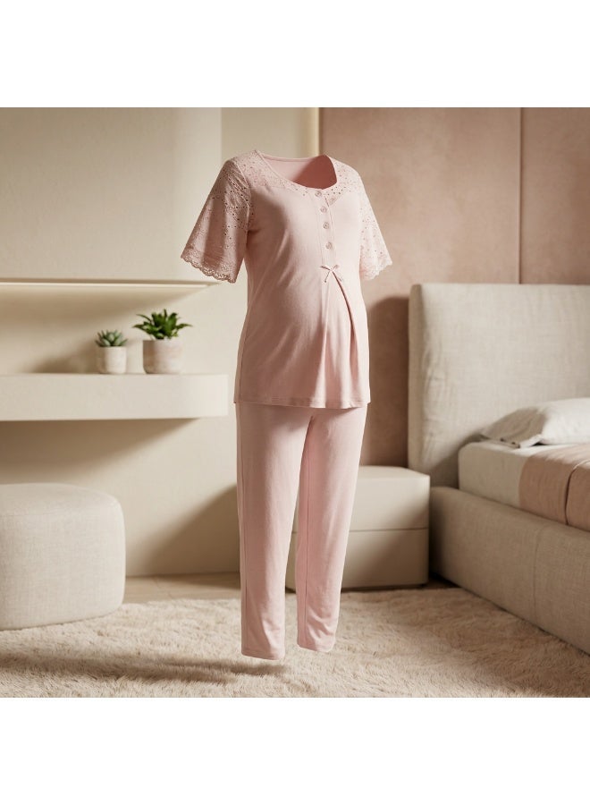 Lady Lingerie 2-Piece Maternity & Nursing Pajama Set | Short Sleeve Button-Front Top & Adjustable Waist Pants | Soft Cotton Viscose Blend | Made in Turkey - Image 3