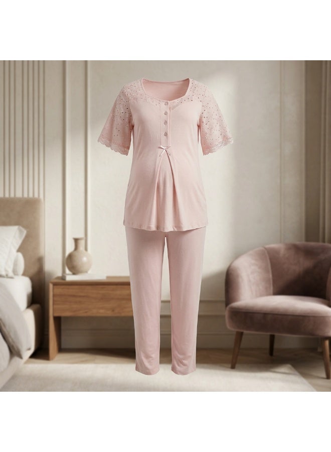 Lady Lingerie 2-Piece Maternity & Nursing Pajama Set | Short Sleeve Button-Front Top & Adjustable Waist Pants | Soft Cotton Viscose Blend | Made in Turkey - Image 1